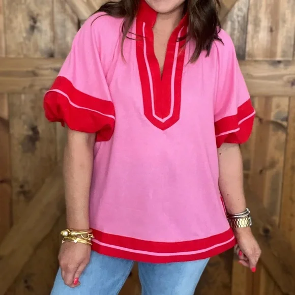 Entro Pink and Red Blouse Bubble Sleeve Linen large top - Picture 2 of 9